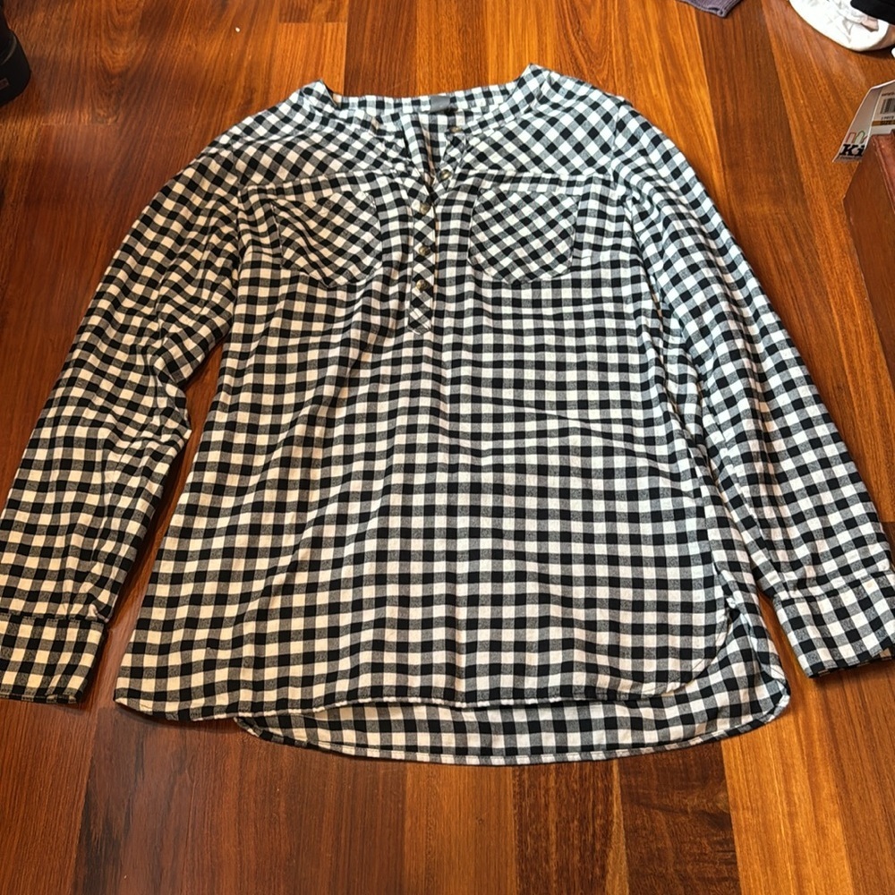 Eddie Bauer Womens Flannel Popover Top Sz Small Black White Checkered Cotton